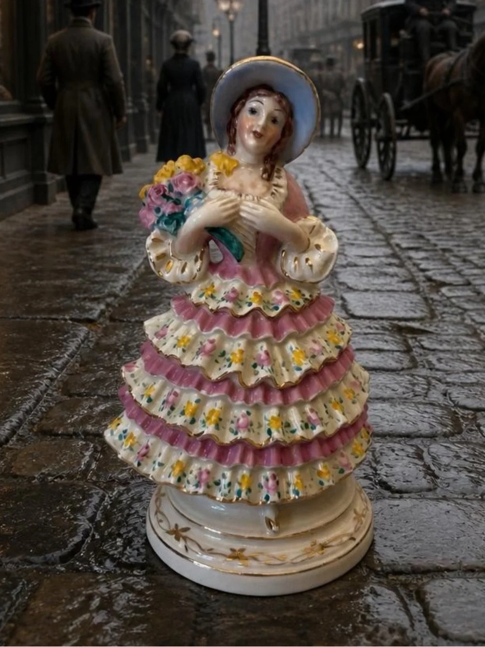 Vintage Victorian Porcelain Lady Figurine in Pink and Cream Decorative Accent